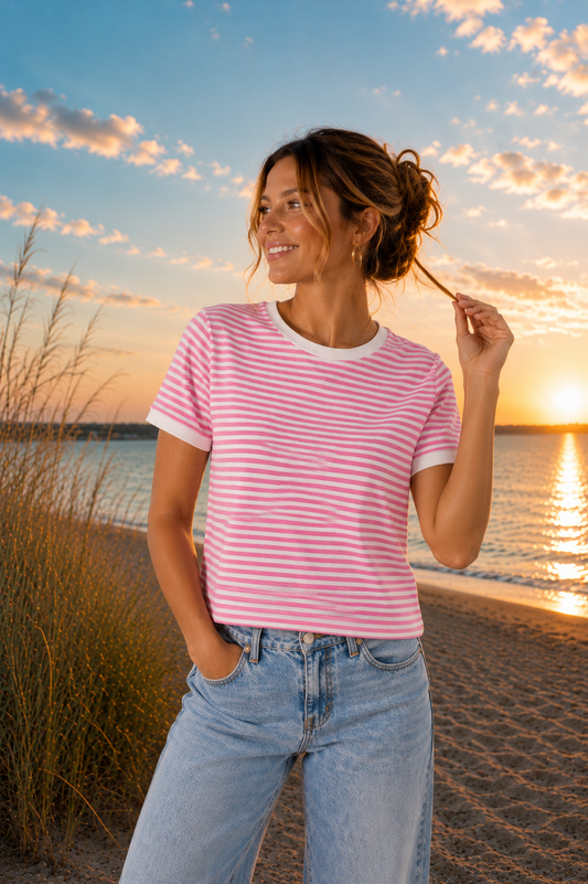 Striped Contrast Trim Rib Tee