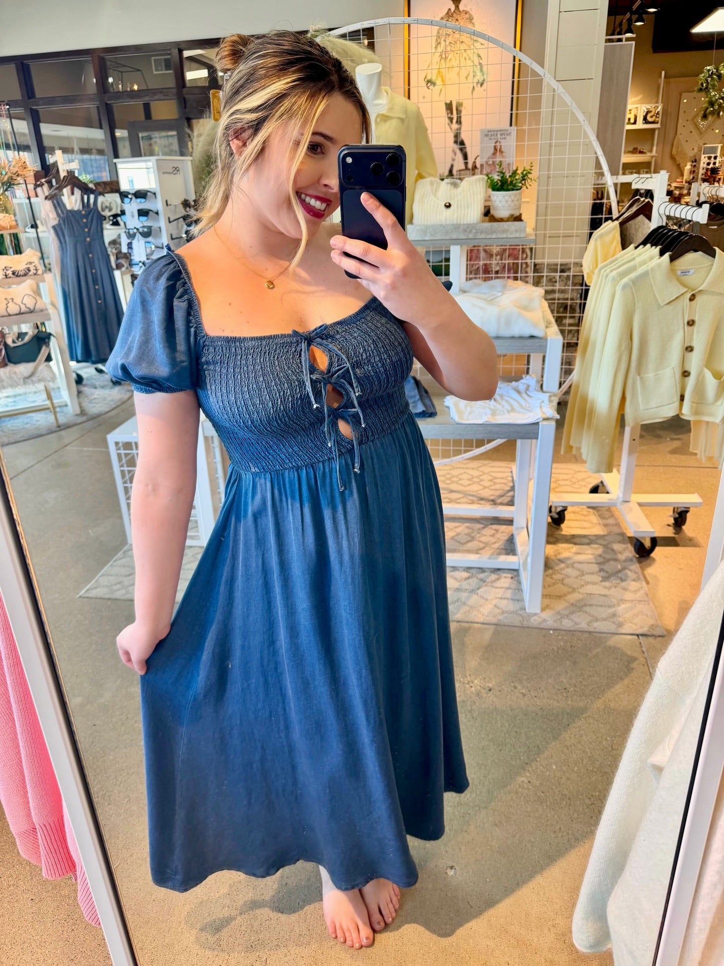 Smocked Square-Neck Tie-Front Denim Midi Dress