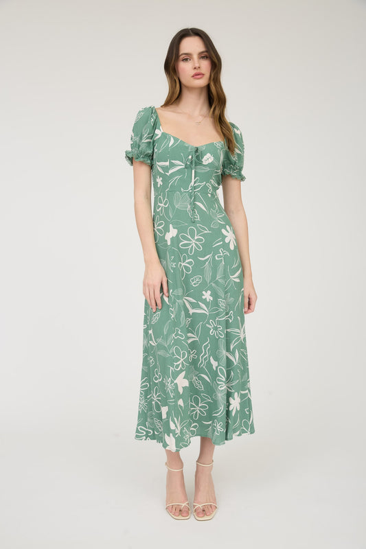 Memphis Floral Front Tie Midi Dress