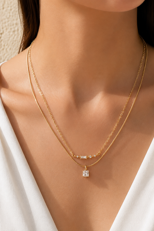 Crystal Bar & Solitaire Layered Necklace