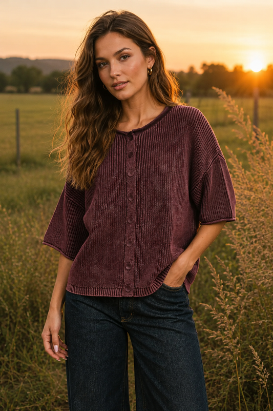Washed Ribbed Short Sleeve Cardigan