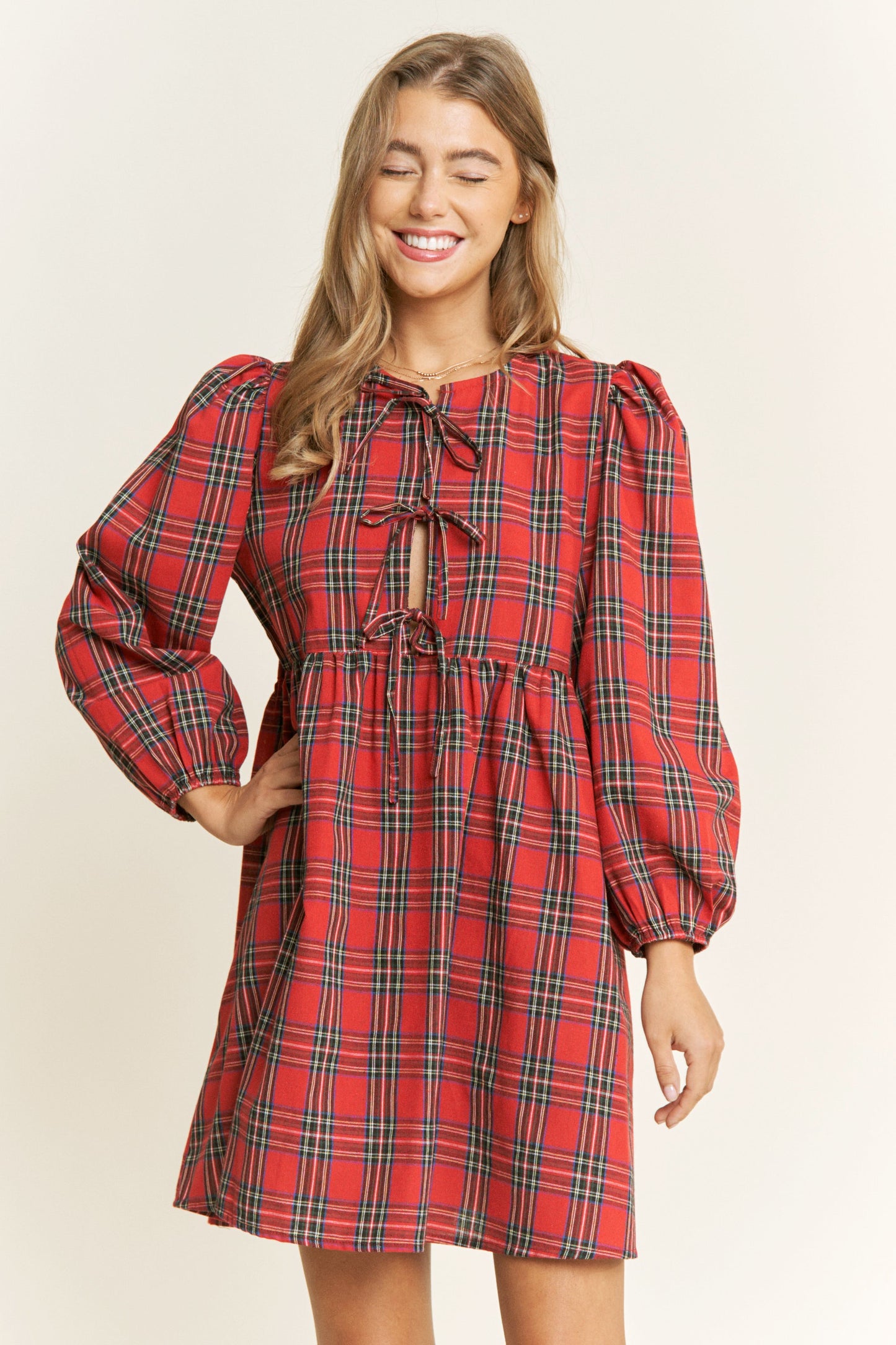 Soft Plaid Woven Babydoll Bow Mini Dress
