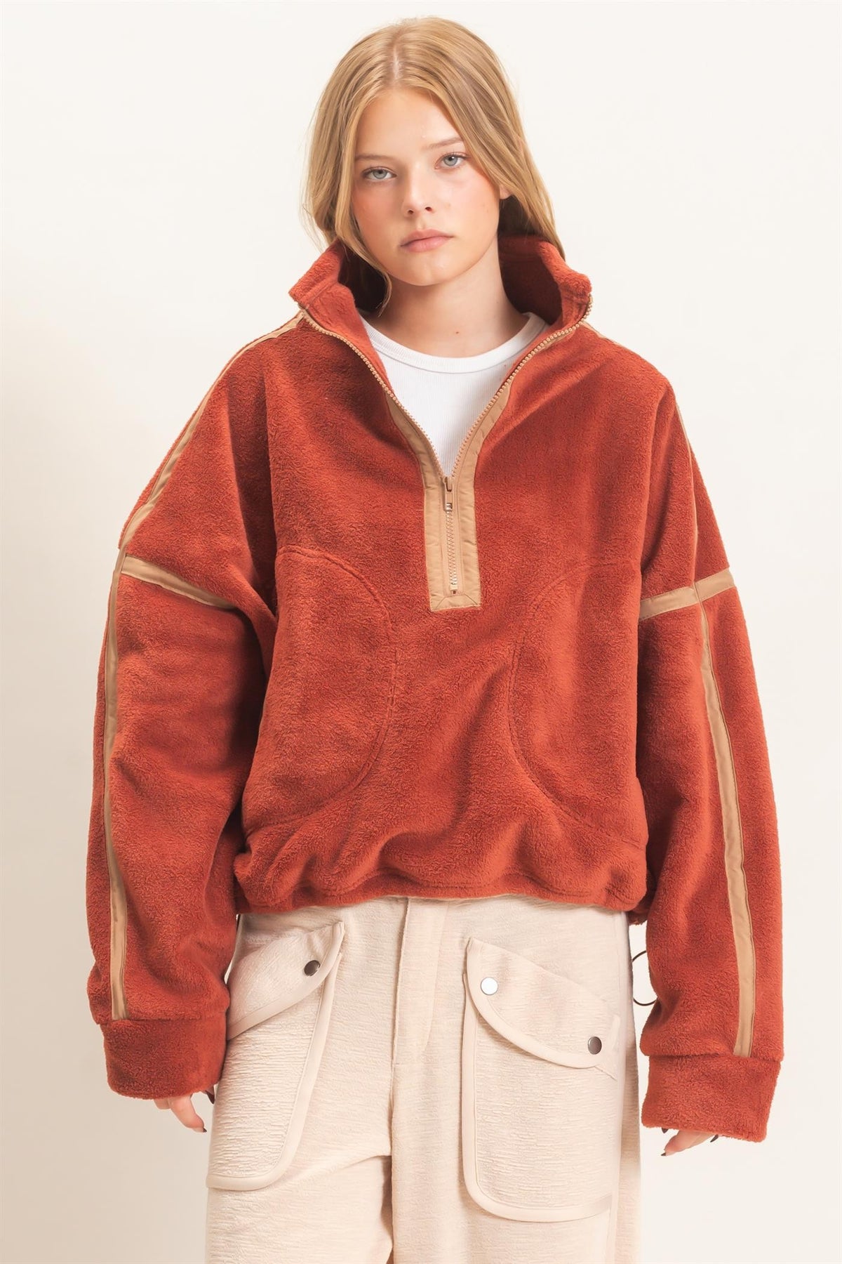 Contrast Trim Fleece Half Zip Pullover