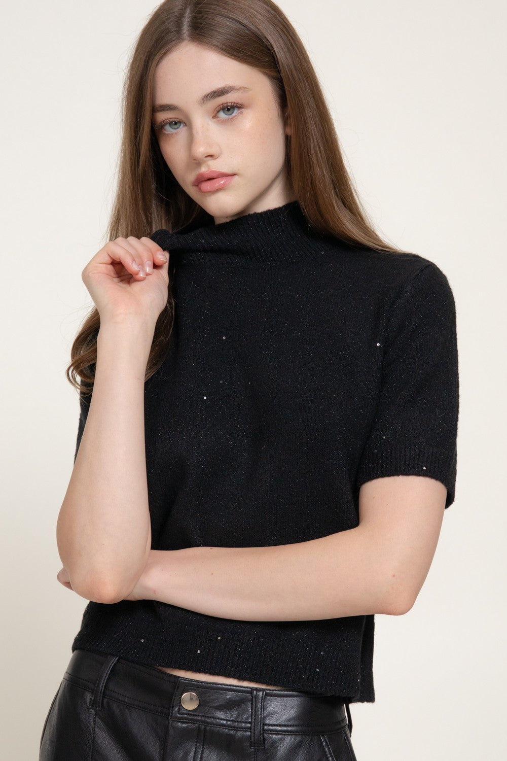 Lurex Mock Neck Short Sleeve Sweater