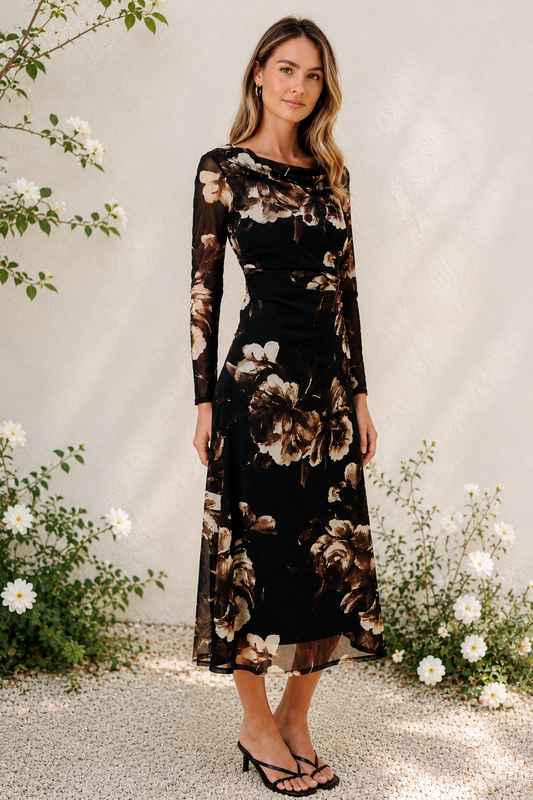 Floral Mesh Ruched Midi Dress