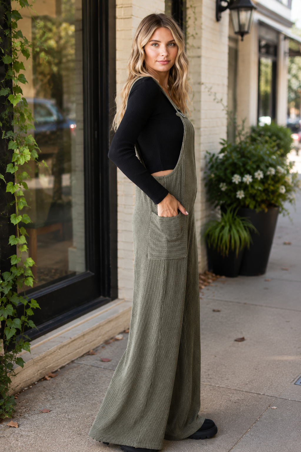 Ribbed Wide Leg Overall Jumpsuit