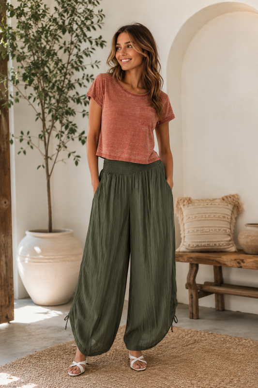 Smocked Waist Wide Leg Pants