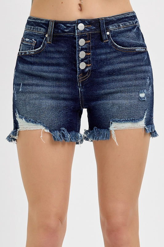 RISEN High Rise Button Fly Distressed Hem Shorts