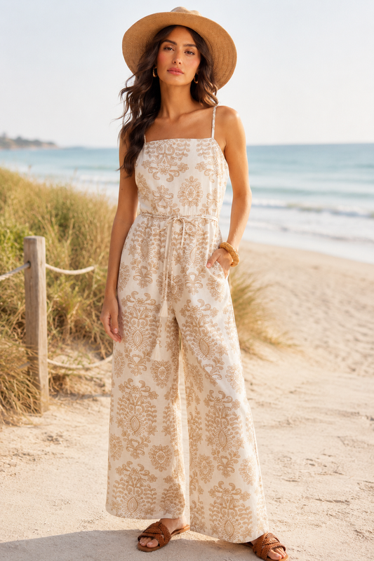 Mosaic Print Tassel Belted Jumpsuit