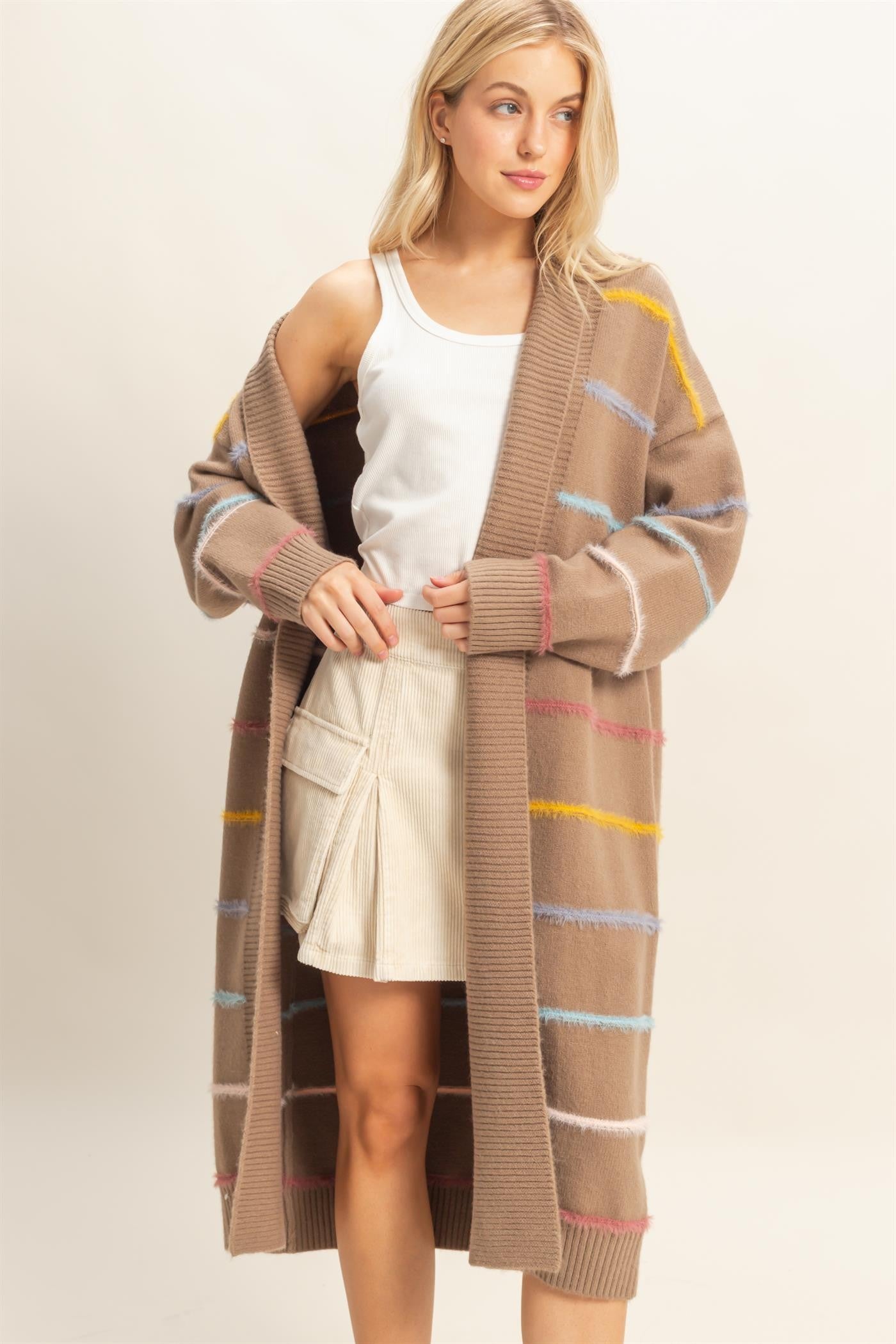 DOORBUSTER: Multicolor Striped Open Front Long Cardigan