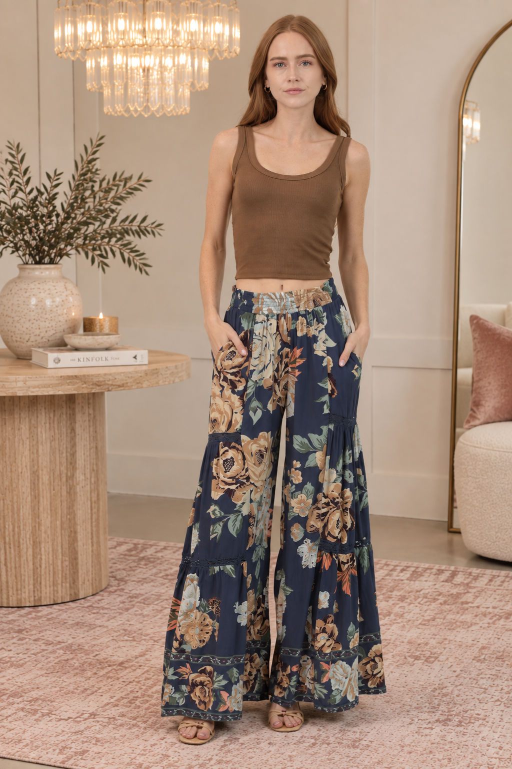 Floral Lace Trim Wide Leg Pants