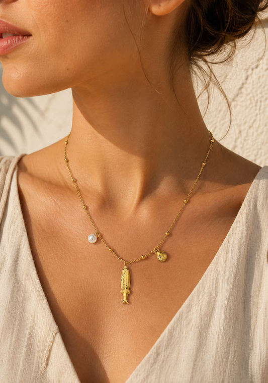 Fish Pearl Shell Charm Necklace