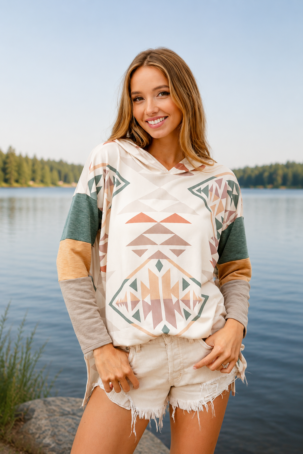 Aztec Color Block Hoodie Top