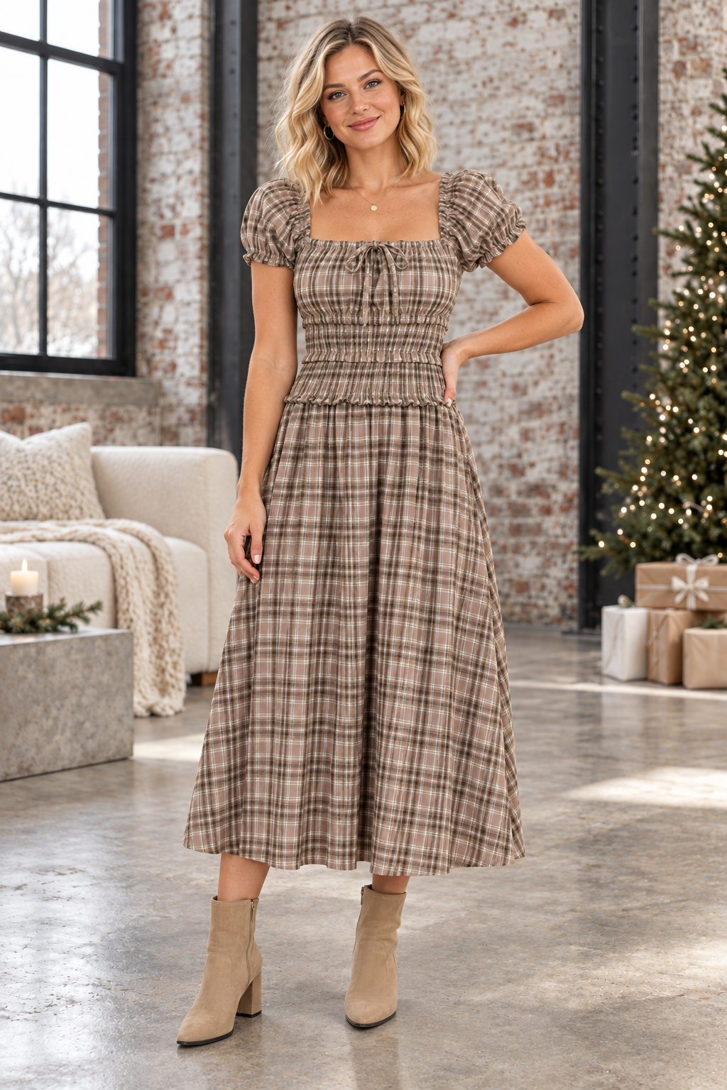 Plaid Puff Sleeve Smocked Midi Dress