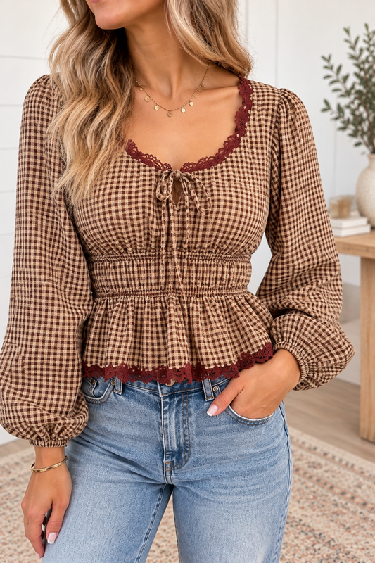 Gingham Lace Trim Peplum Blouse