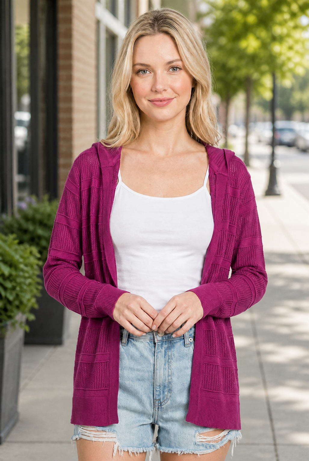 Pointelle Stripe Hooded Cardigan