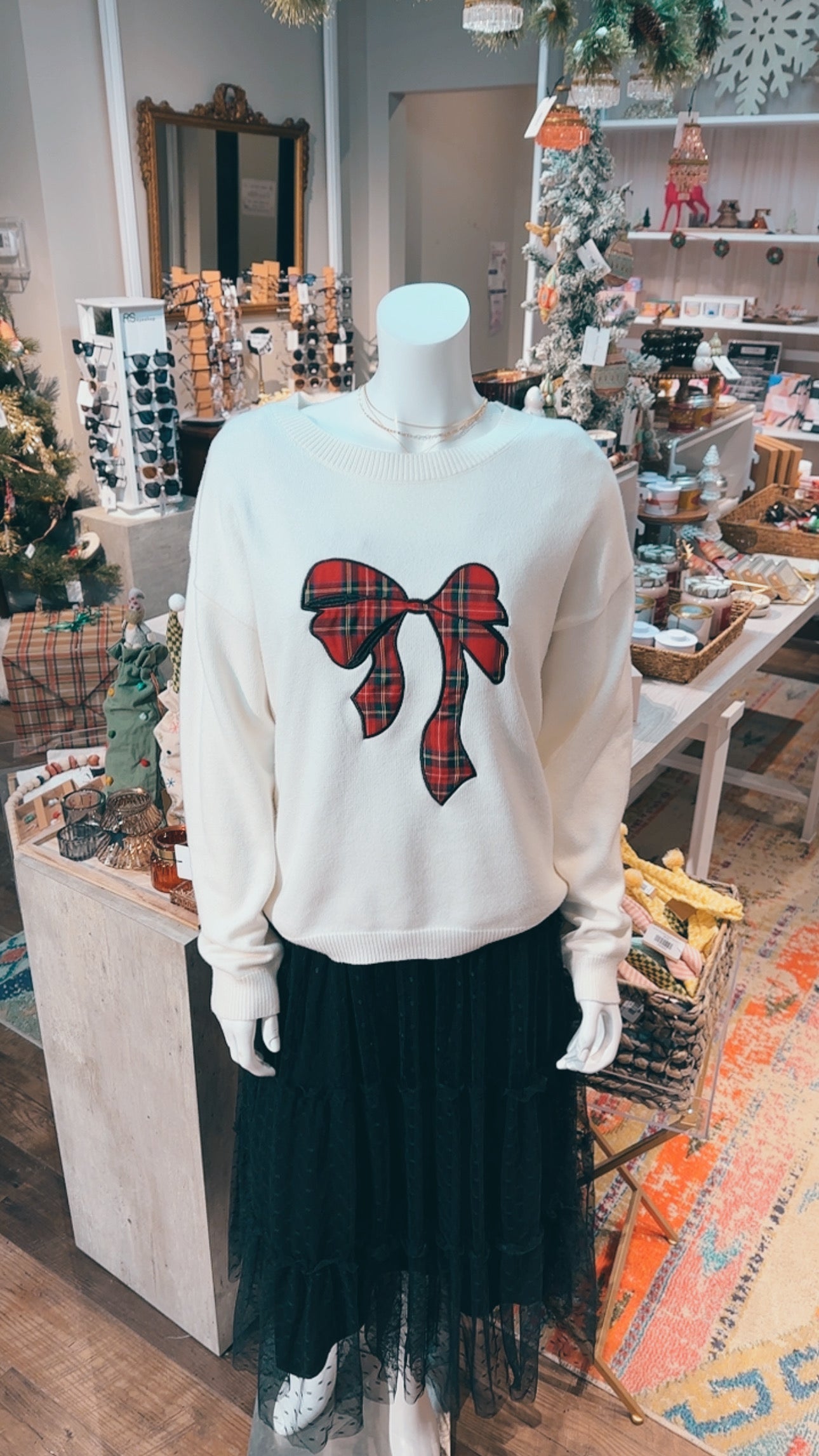 Holiday Bow Plaid Patch Sweater Pullover