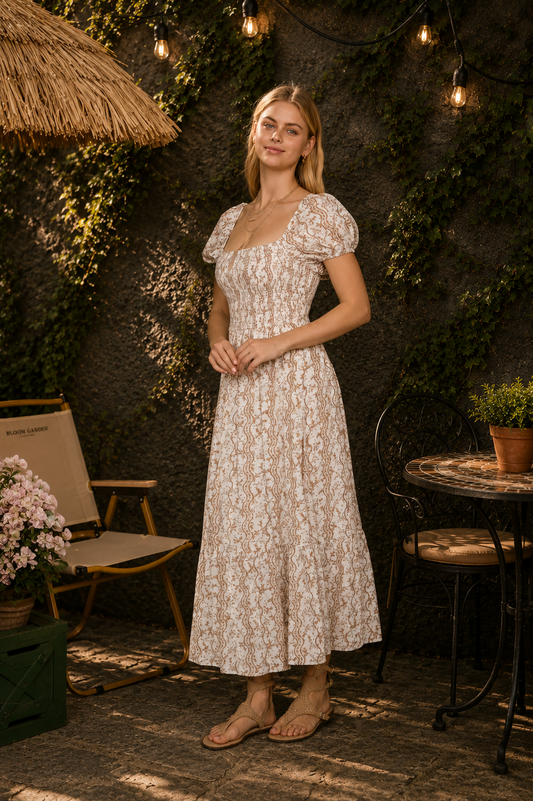 Floral Smocked Puff Sleeve Midi Dress