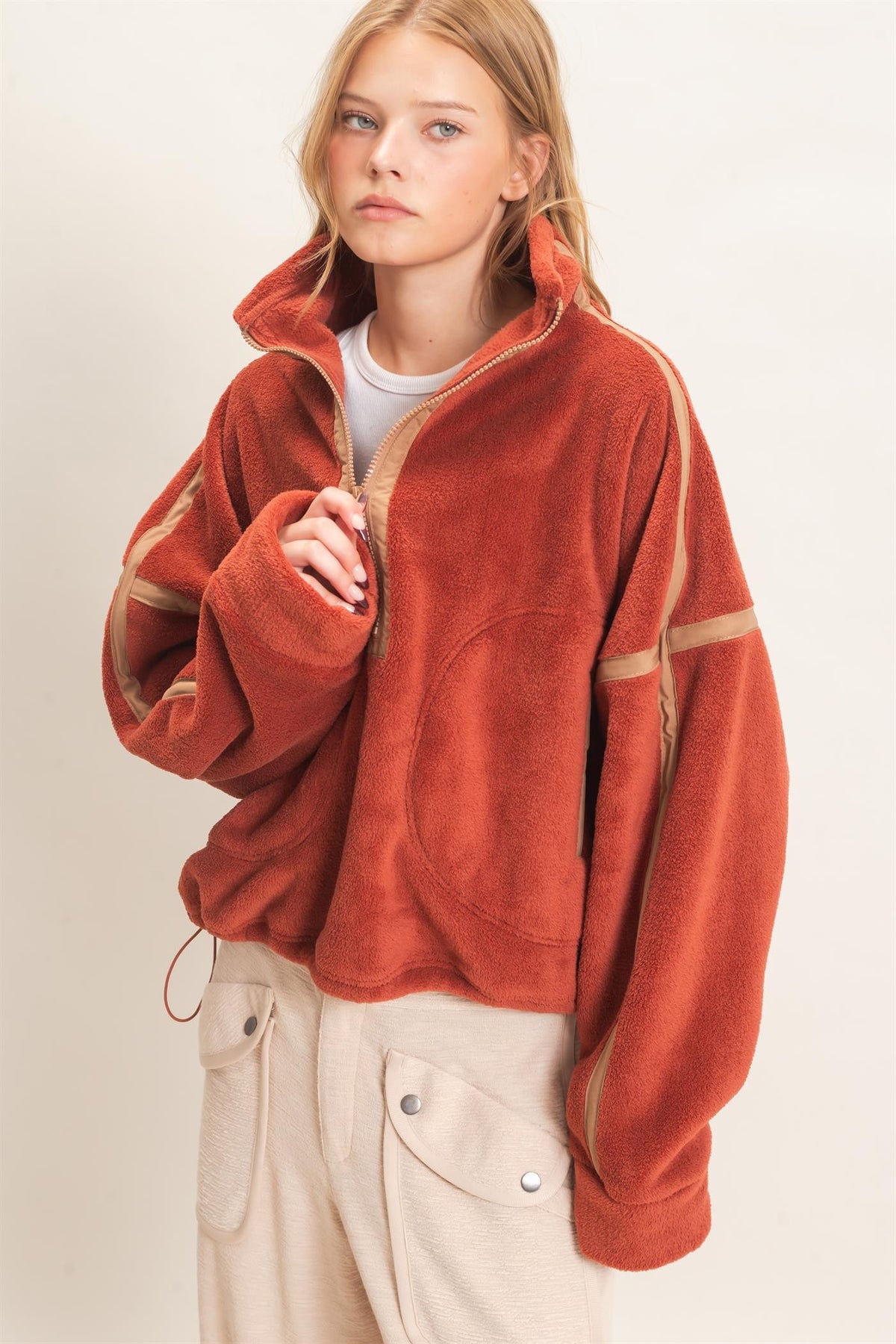 Contrast Trim Fleece Half Zip Pullover