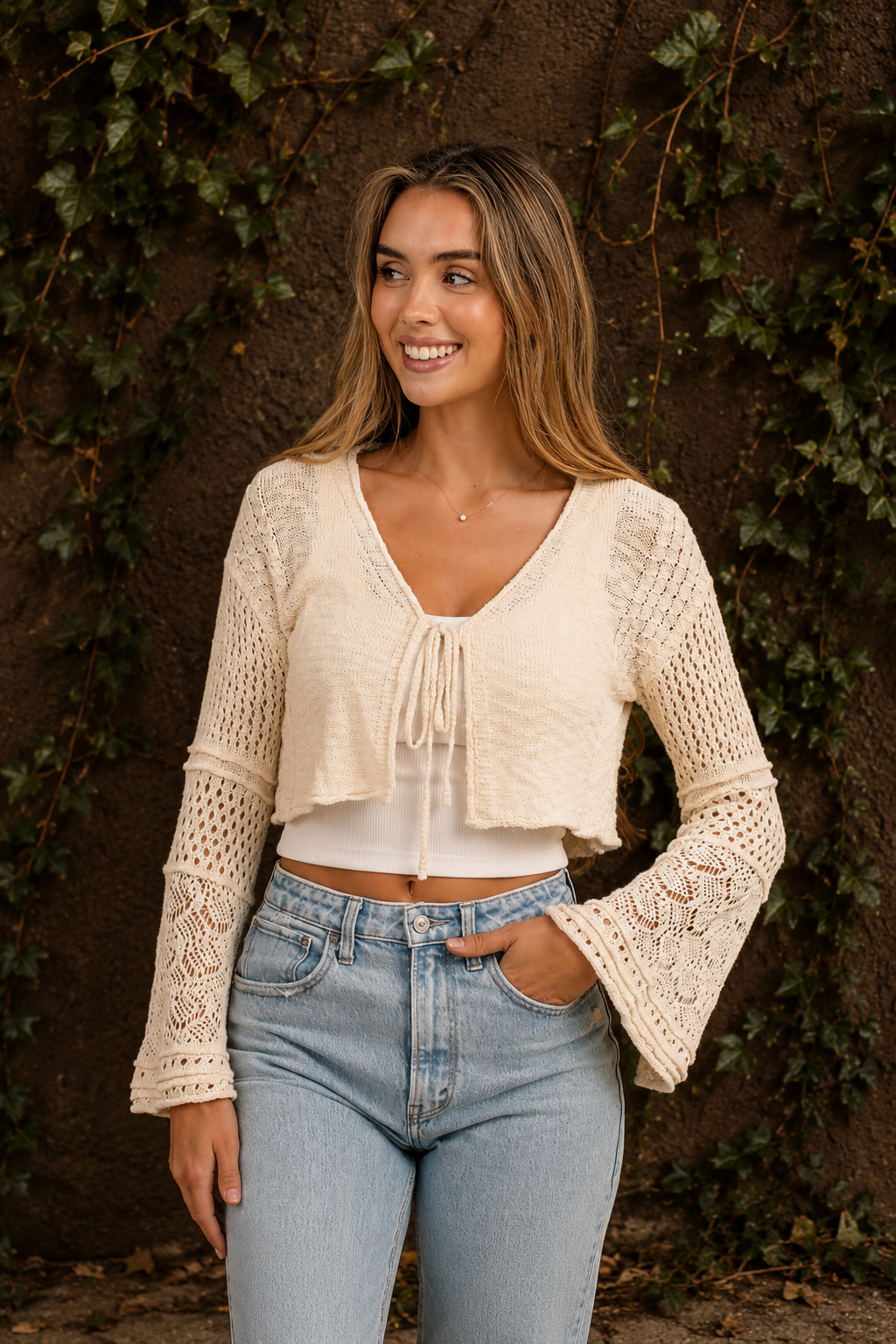 Flare Sleeve Tie Front Crop Cardigan Sweater