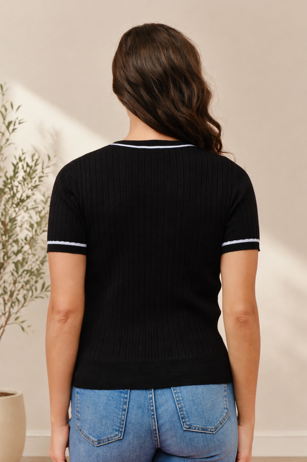 Contrast Trim Ribbed Top