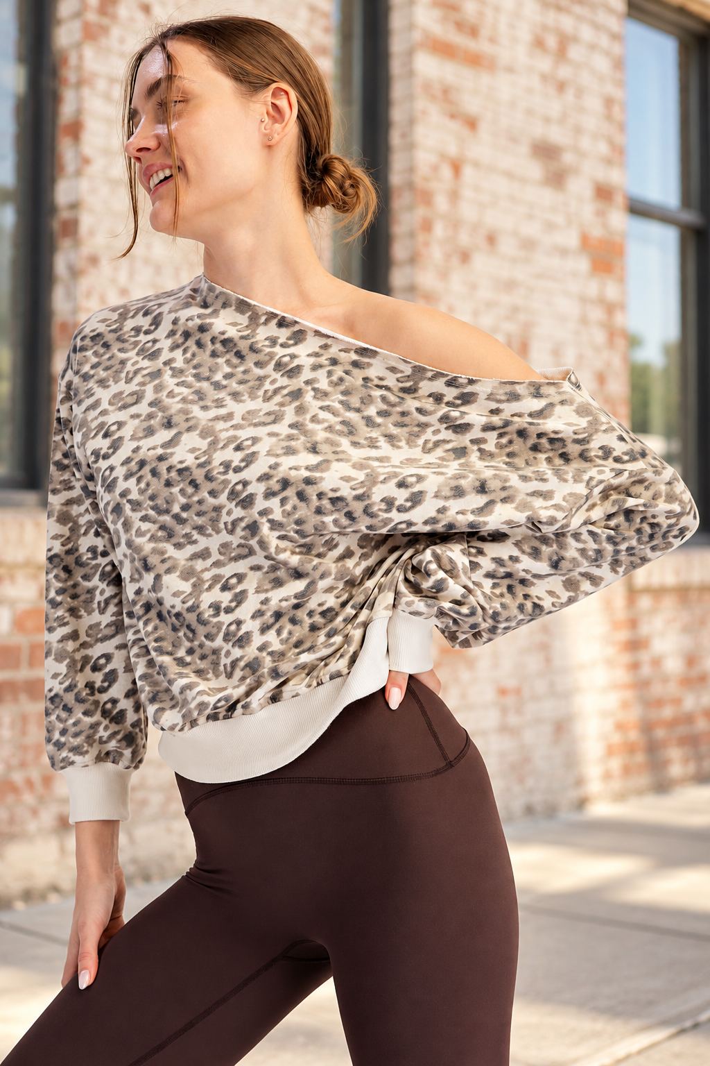 Animal Print Asymmetrical Neckline Top