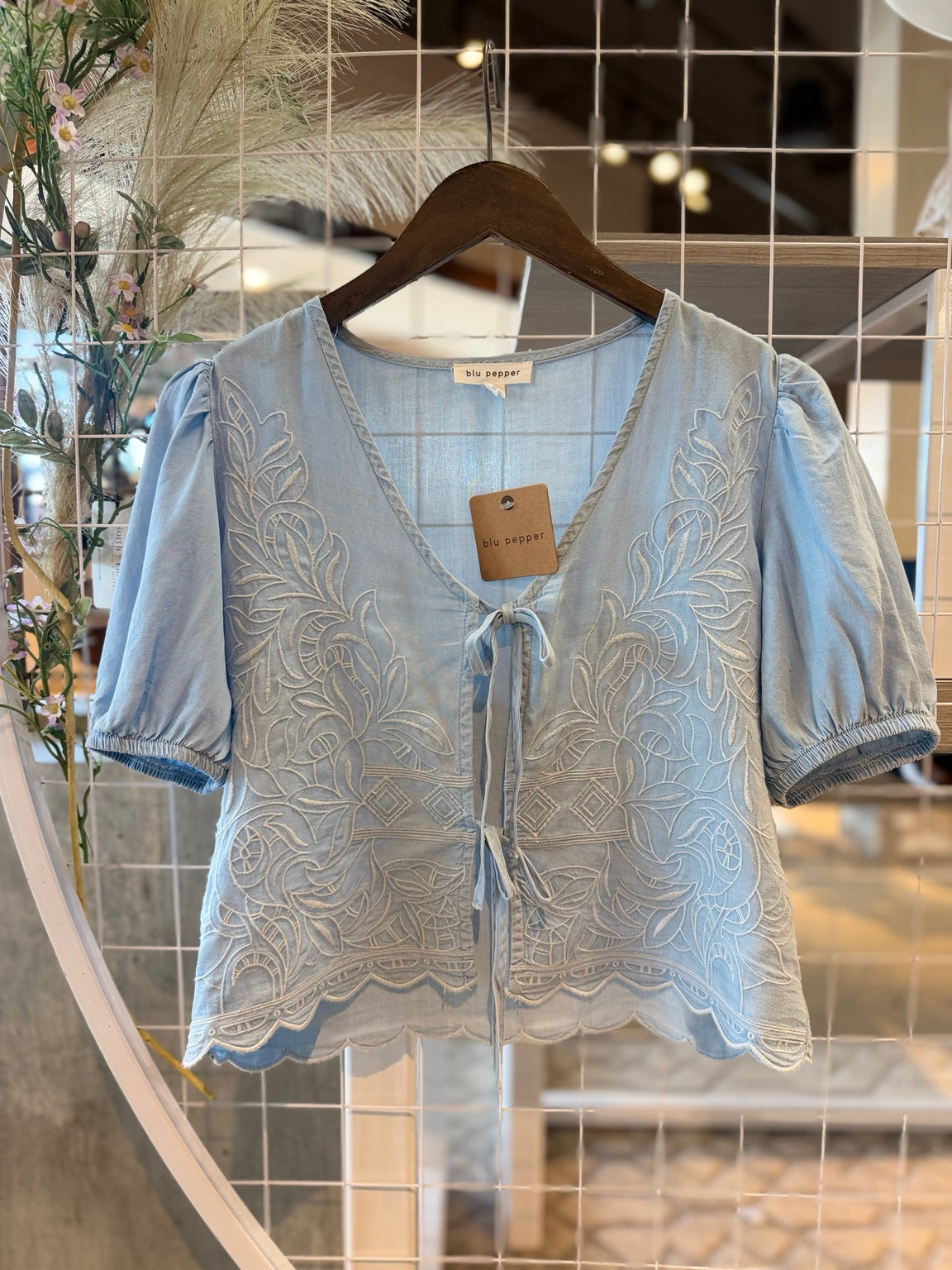 Embroidered Tie Front Chambray Top