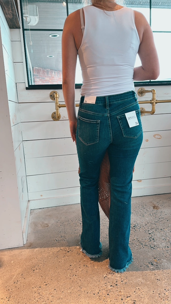High Rise Fringe Bell Bottom Jeans