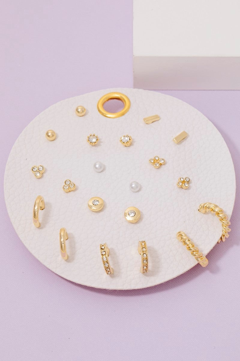 Pearl & Gem Studs Assorted Stud/Hoop Earrings Set