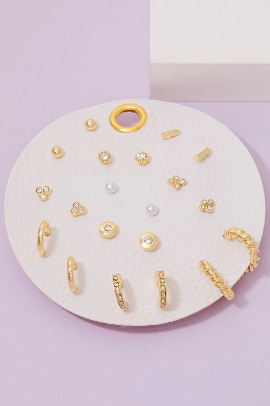 Pearl & Gem Studs Assorted Stud/Hoop Earrings Set