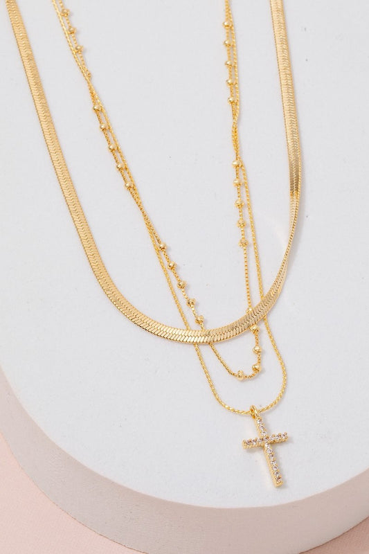 Pave Cross Layered Chain Necklace