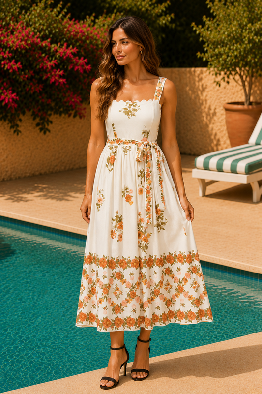 Floral Border Print Belted Midi Dress