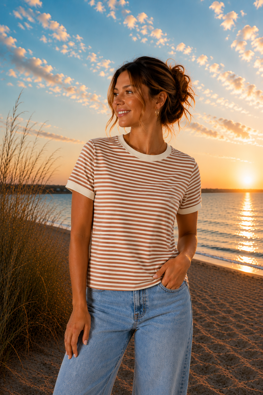 Striped Contrast Trim Rib Tee