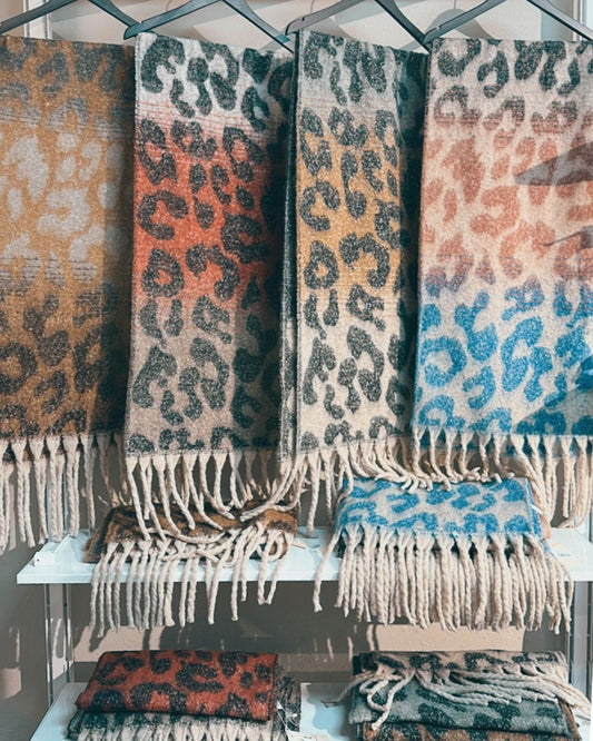 Oblong Leopard Print Fringe Shawl Scarf- 4 Colors!