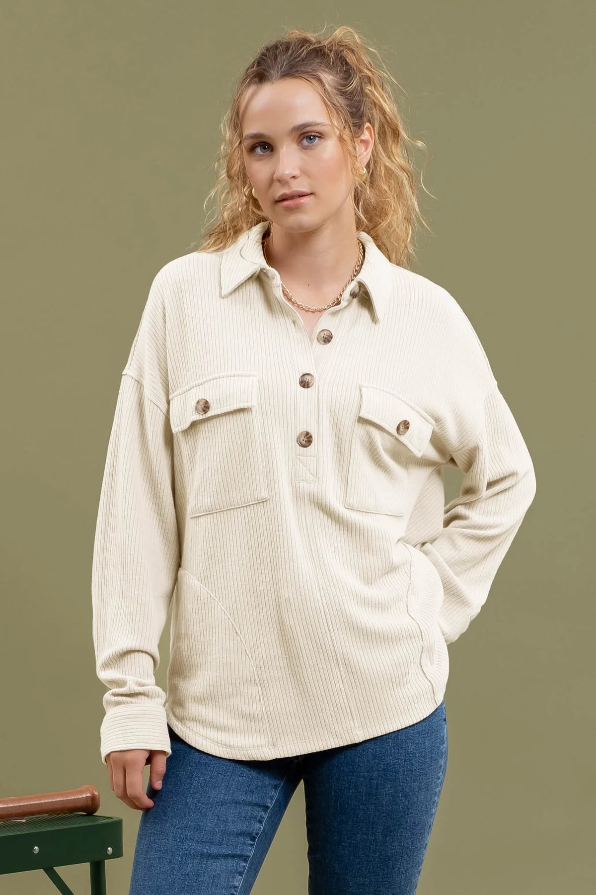 Corduroy Detail Half Button Top