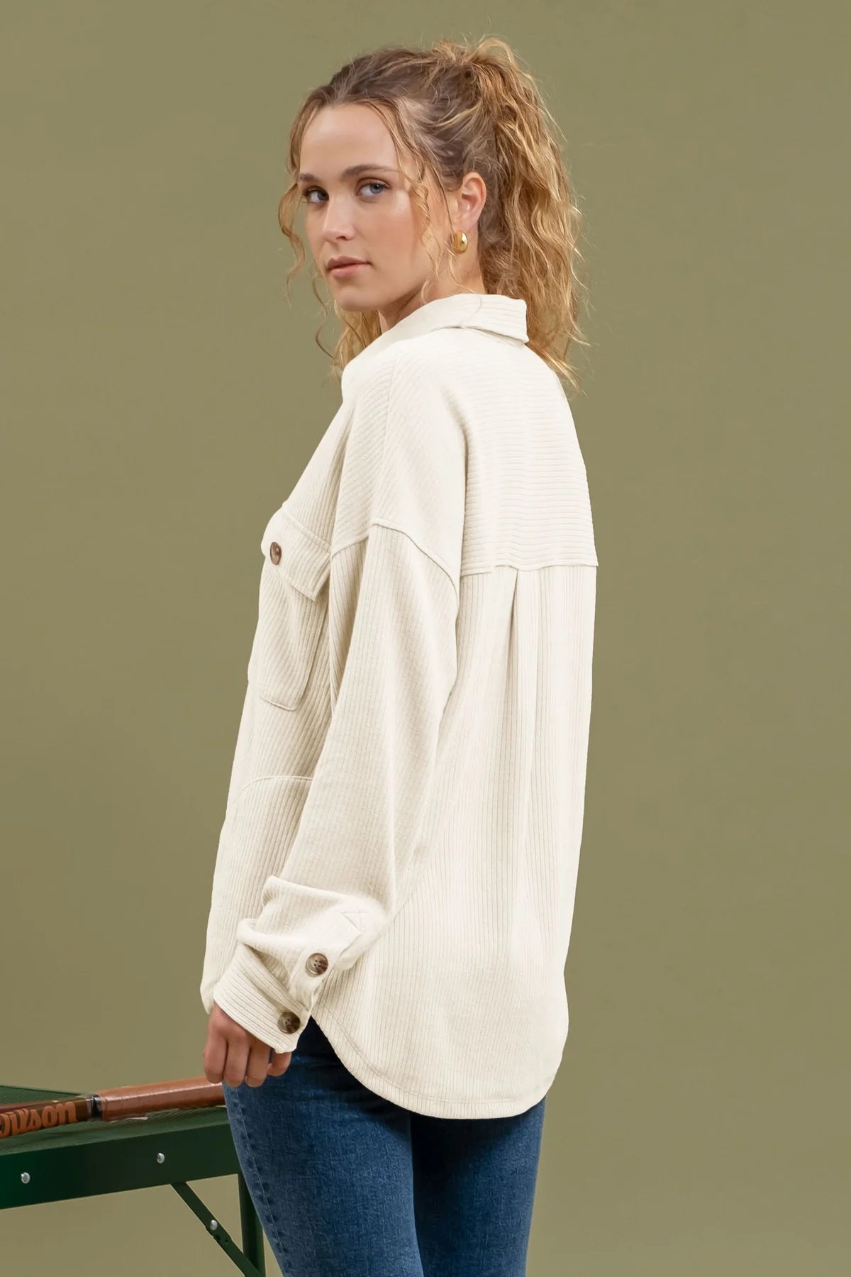 Corduroy Detail Half Button Top