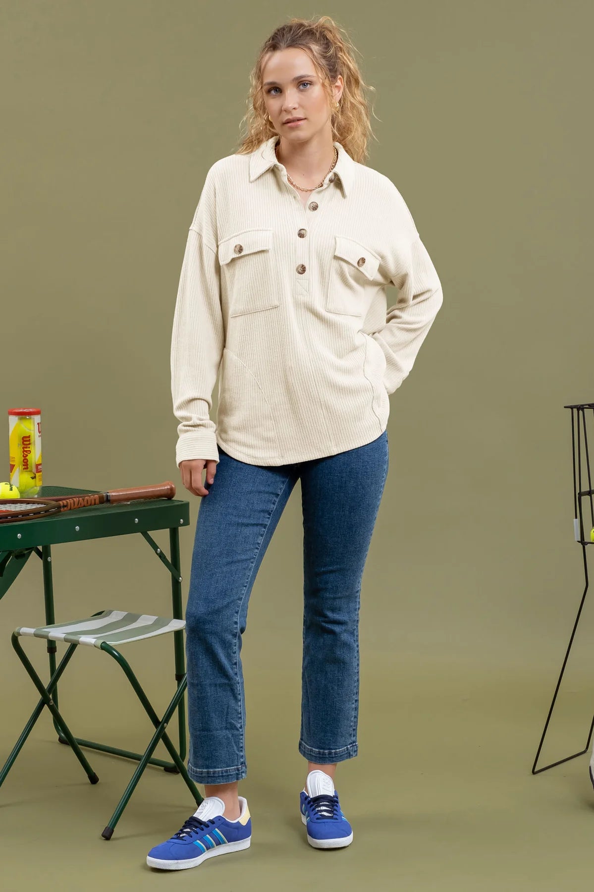 Corduroy Detail Half Button Top