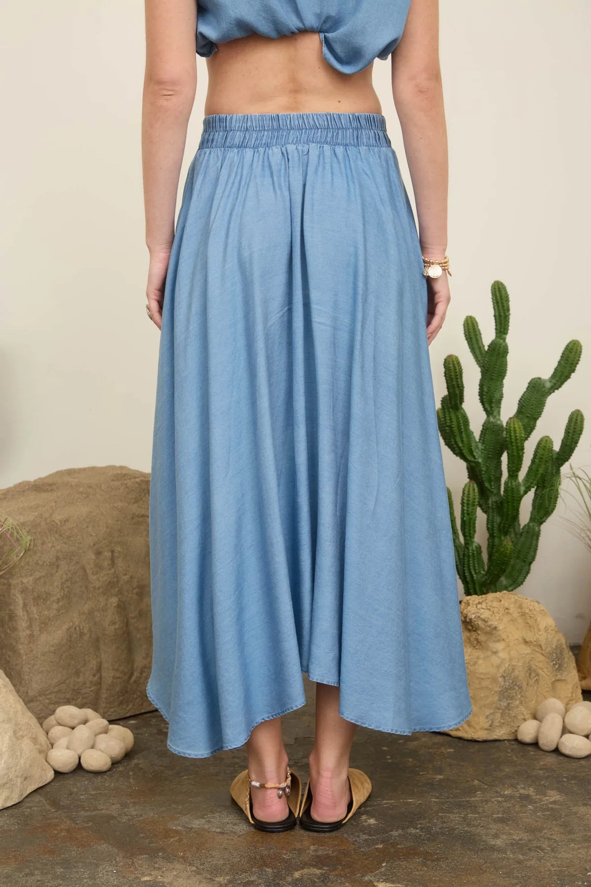 Chambray Pleated Midi Skirt