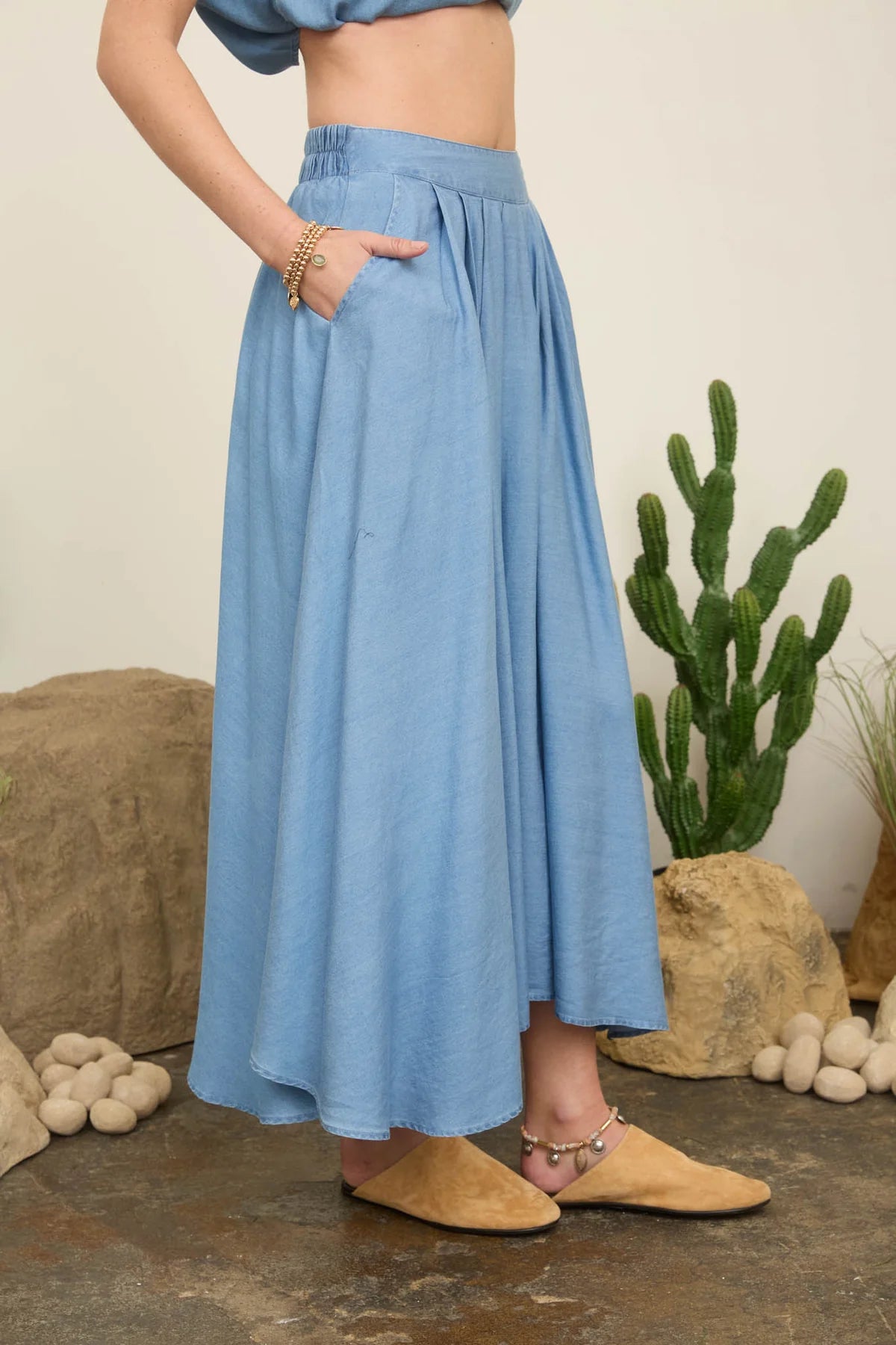 Chambray Pleated Midi Skirt