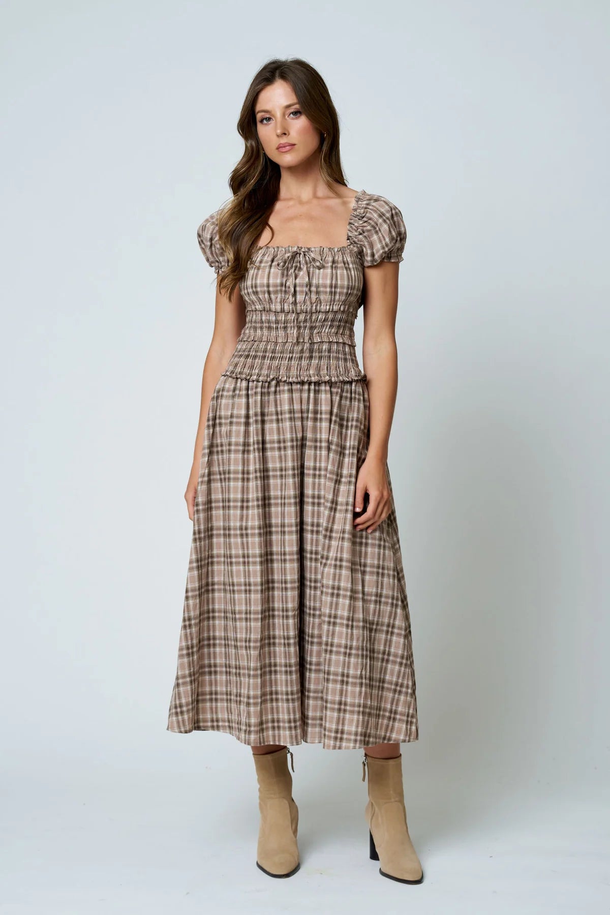 Plaid Puff Sleeve Smocked Midi Dress