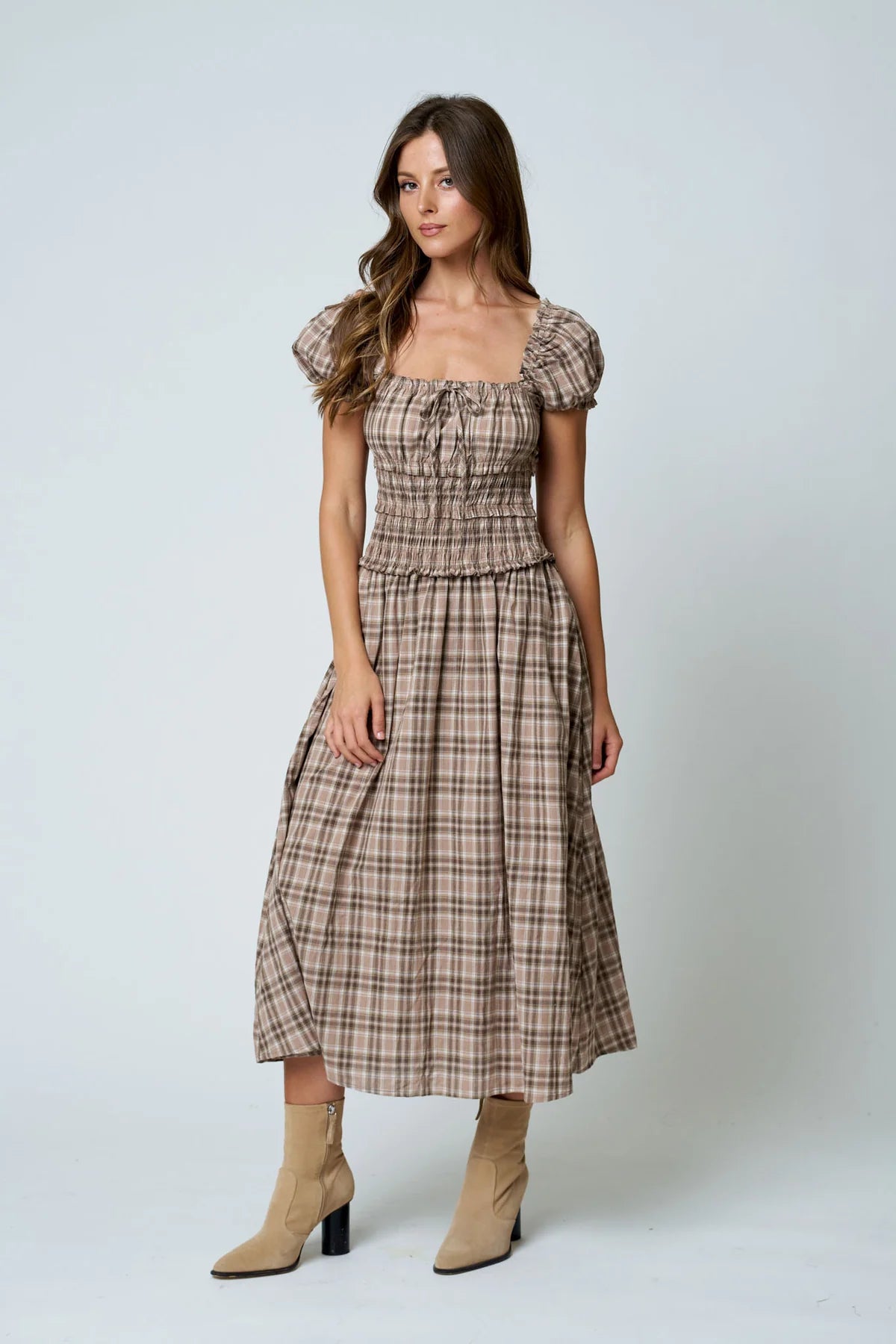 Plaid Puff Sleeve Smocked Midi Dress