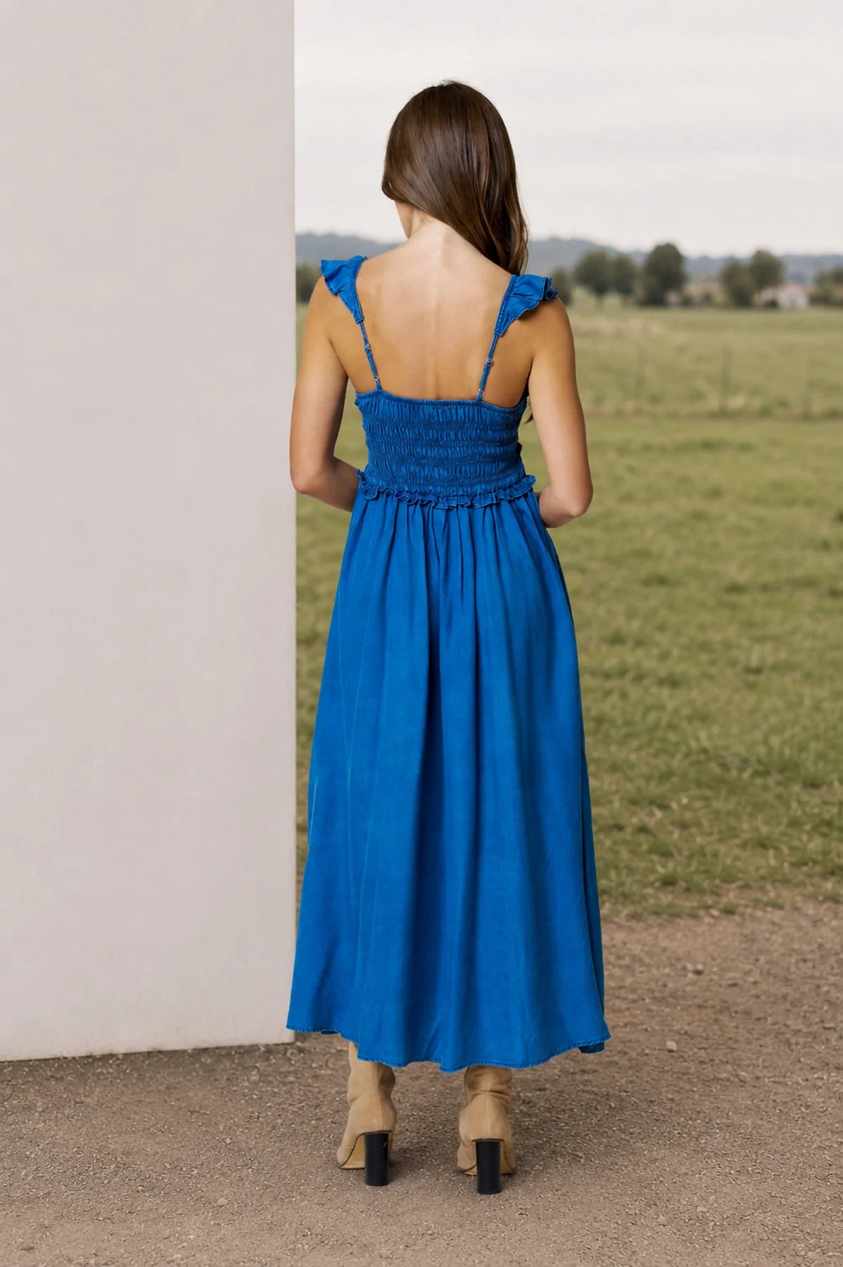 Smocked Strap Denim Midi Dress