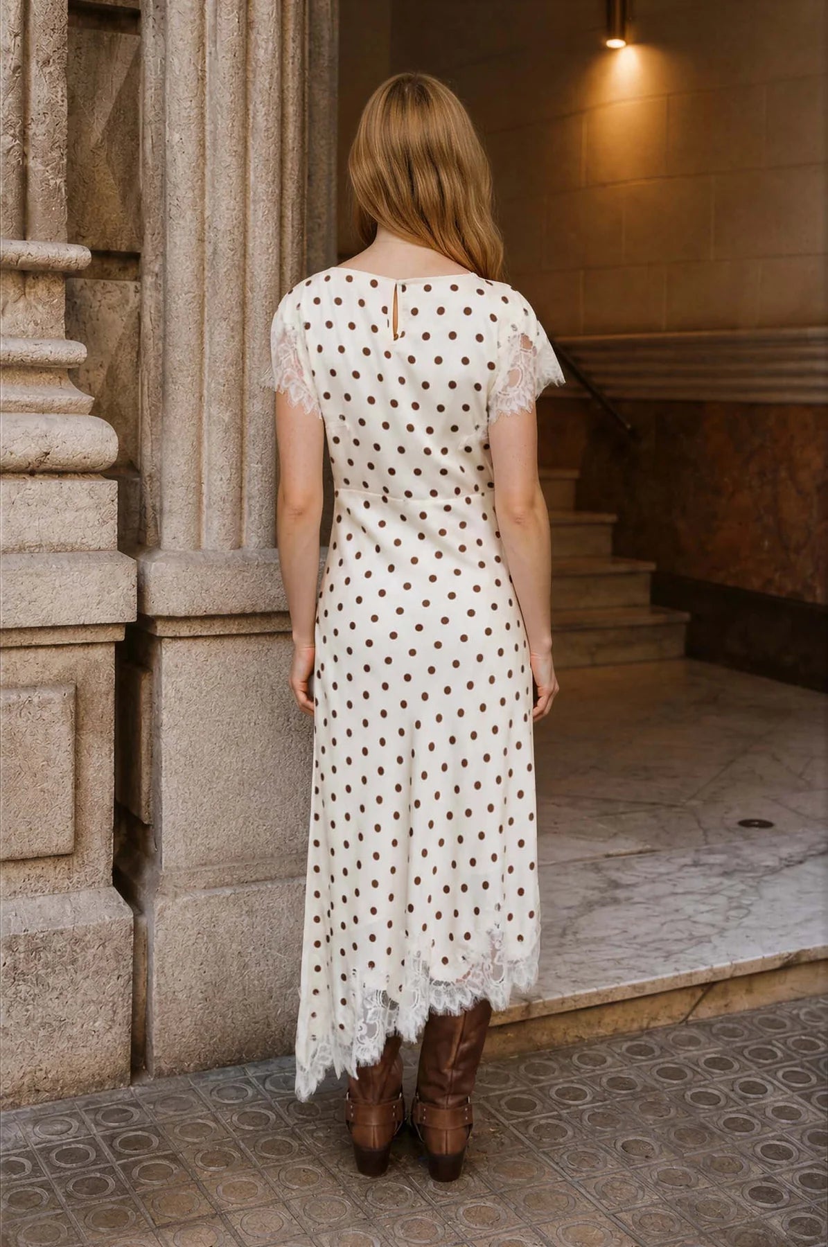 Polka Dot Lace Trim Midi Dress