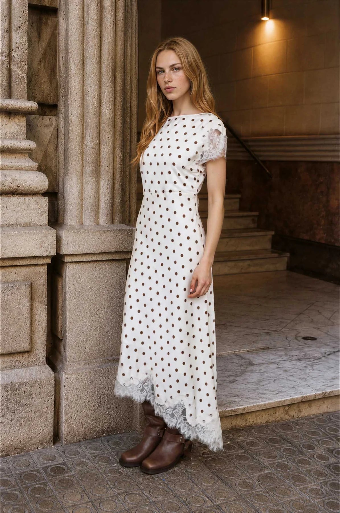 Polka Dot Lace Trim Midi Dress