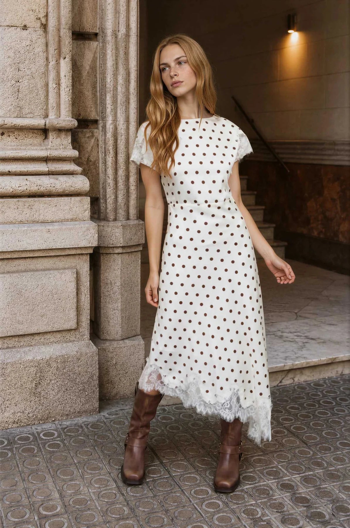 Polka Dot Lace Trim Midi Dress