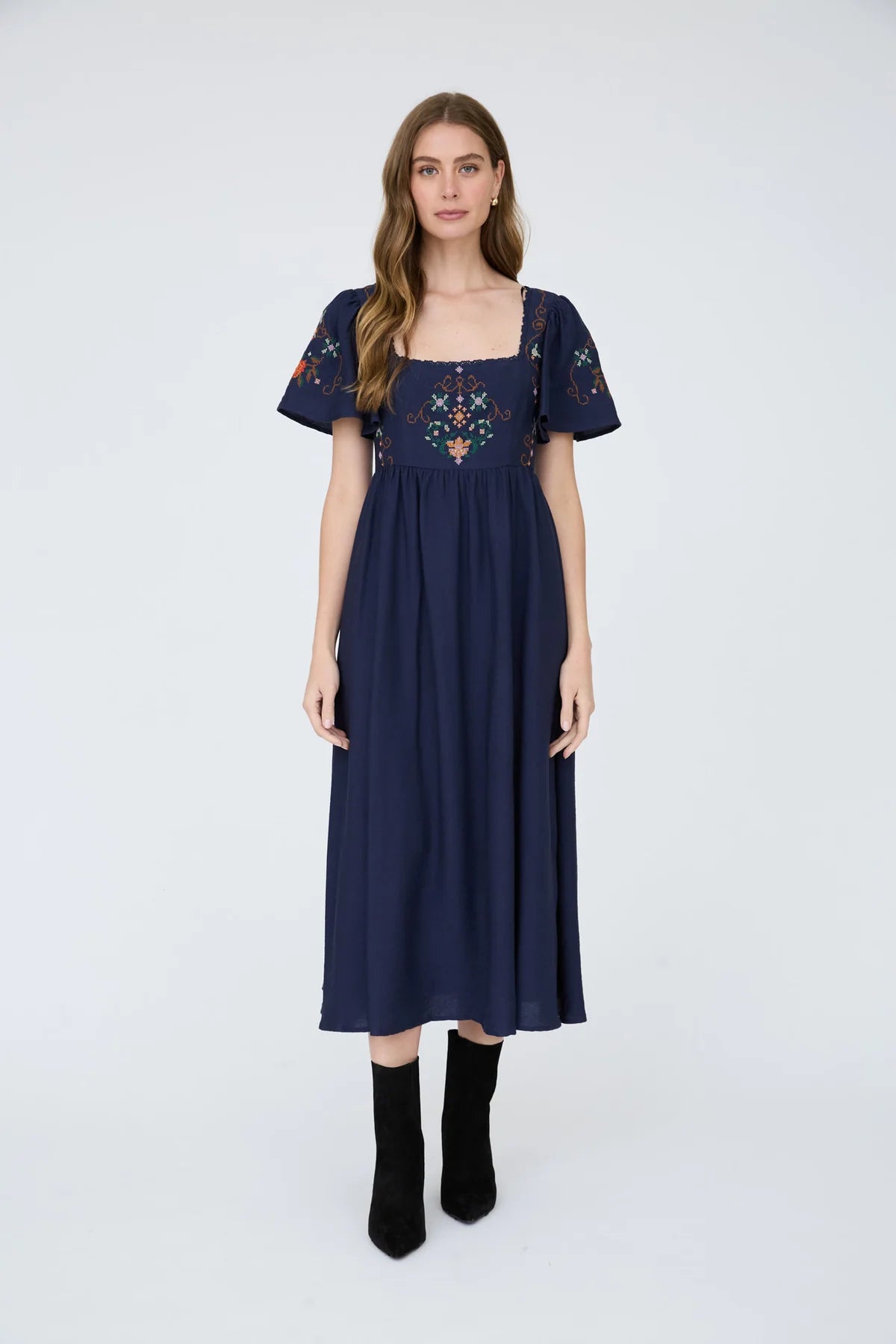 Floral Embroidered Bell Sleeve Midi Dress
