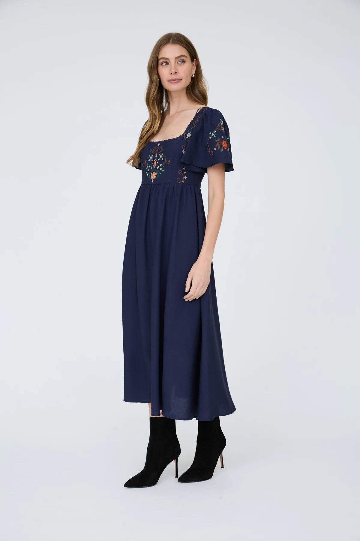 Floral Embroidered Bell Sleeve Midi Dress
