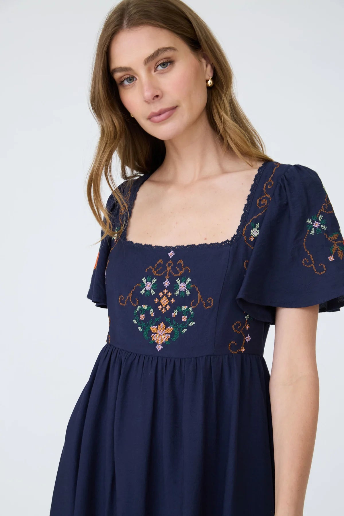 Floral Embroidered Bell Sleeve Midi Dress