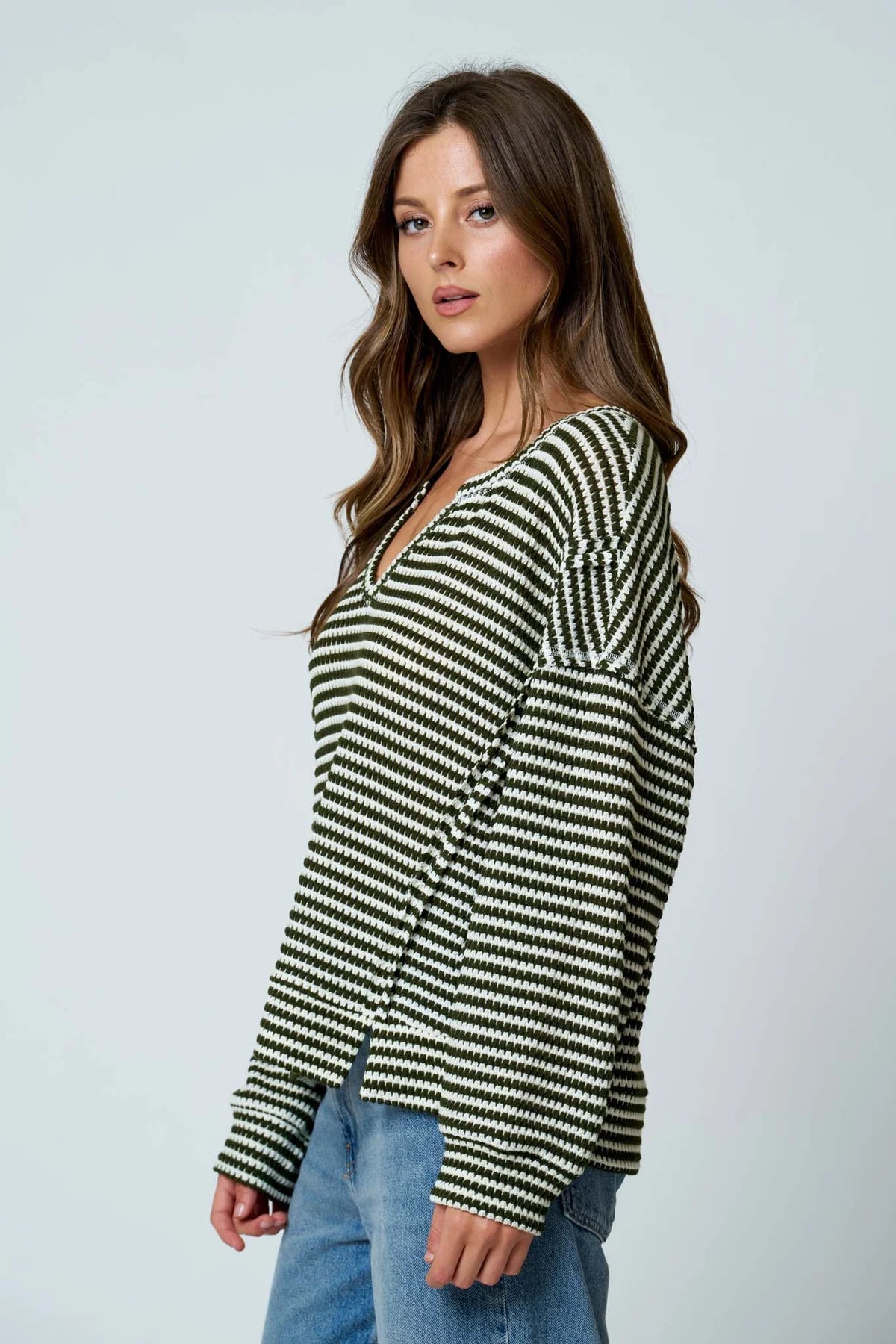 Stripe Split Neck Knit Top