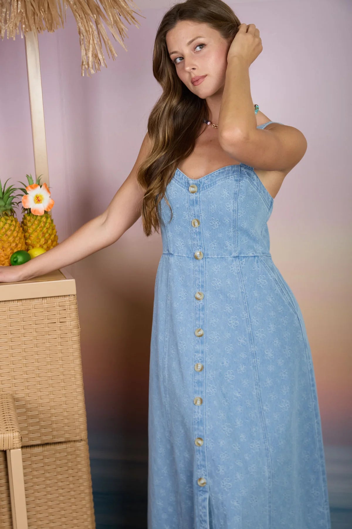 Floral Denim Jacquard Midi Dress